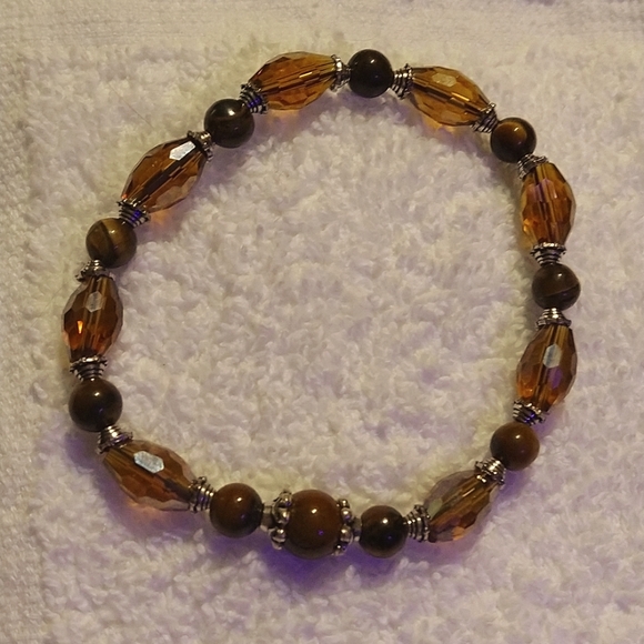 {FIRM PRICE]/NEW/TIGER'S EYE/SILVER STRETCH BRACELET/SILVER DIVIDERS. STRETCH - Picture 1 of 2